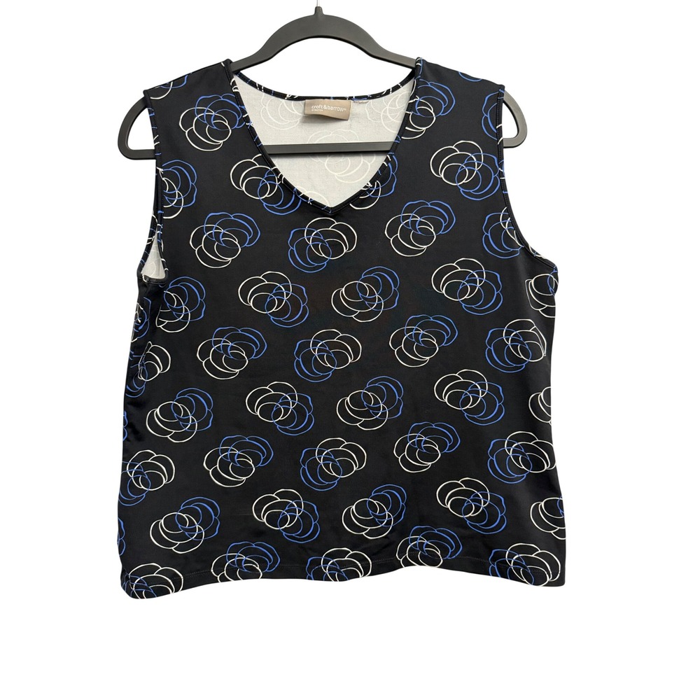 Croft & Barrow Womens Large Black Blue Floral Swirl V-Neck Stretch Tank Top READ
